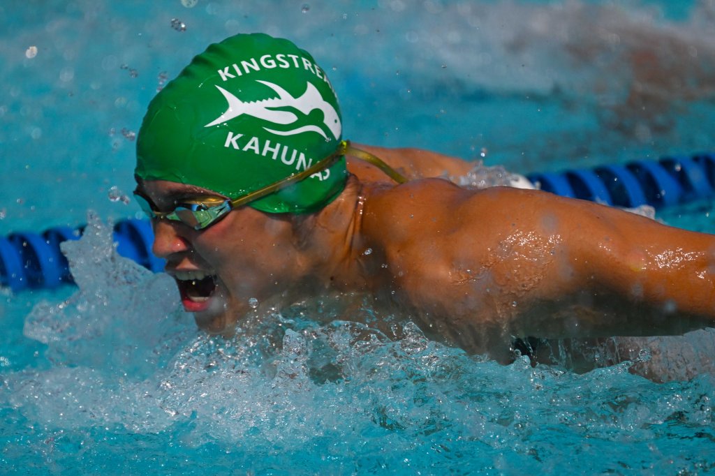 Jack Keifer swimming butterfly for the Kingstream Kahunas on July 12, 2025
